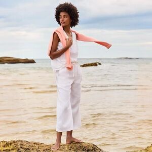 NWT LANDS END High Rise Drawstring Linen Wide Leg Cropped Pants White Size Med